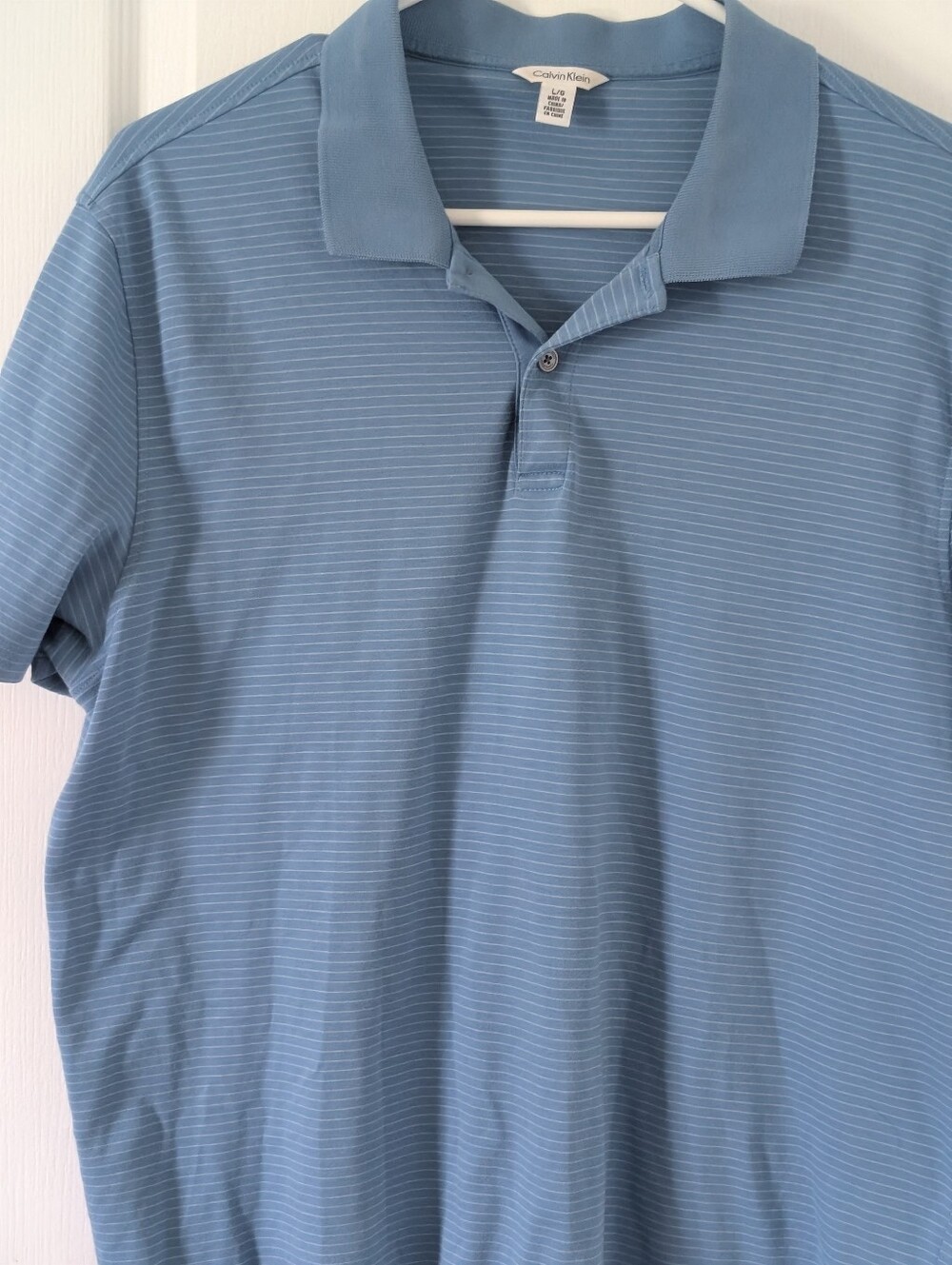 CALVIN KLEIN  Men's  100% Cotton Polo Shirt Large  Light  Blue w/ white stripe